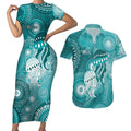 NAIDOC Deadly 50 Years Couples Matching Short Sleeve Bodycon Dress and Hawaiian Shirt Jellyfish Aboriginal Culture Inspired Turquoise