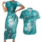 NAIDOC Deadly 50 Years Couples Matching Short Sleeve Bodycon Dress and Hawaiian Shirt Jellyfish Aboriginal Culture Inspired Turquoise