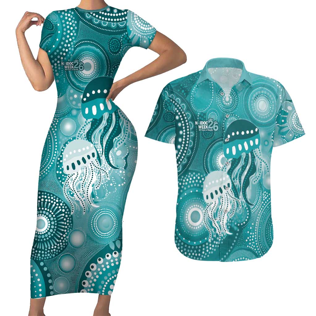 NAIDOC Deadly 50 Years Couples Matching Short Sleeve Bodycon Dress and Hawaiian Shirt Jellyfish Aboriginal Culture Inspired Turquoise
