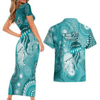 NAIDOC Deadly 50 Years Couples Matching Short Sleeve Bodycon Dress and Hawaiian Shirt Jellyfish Aboriginal Culture Inspired Turquoise