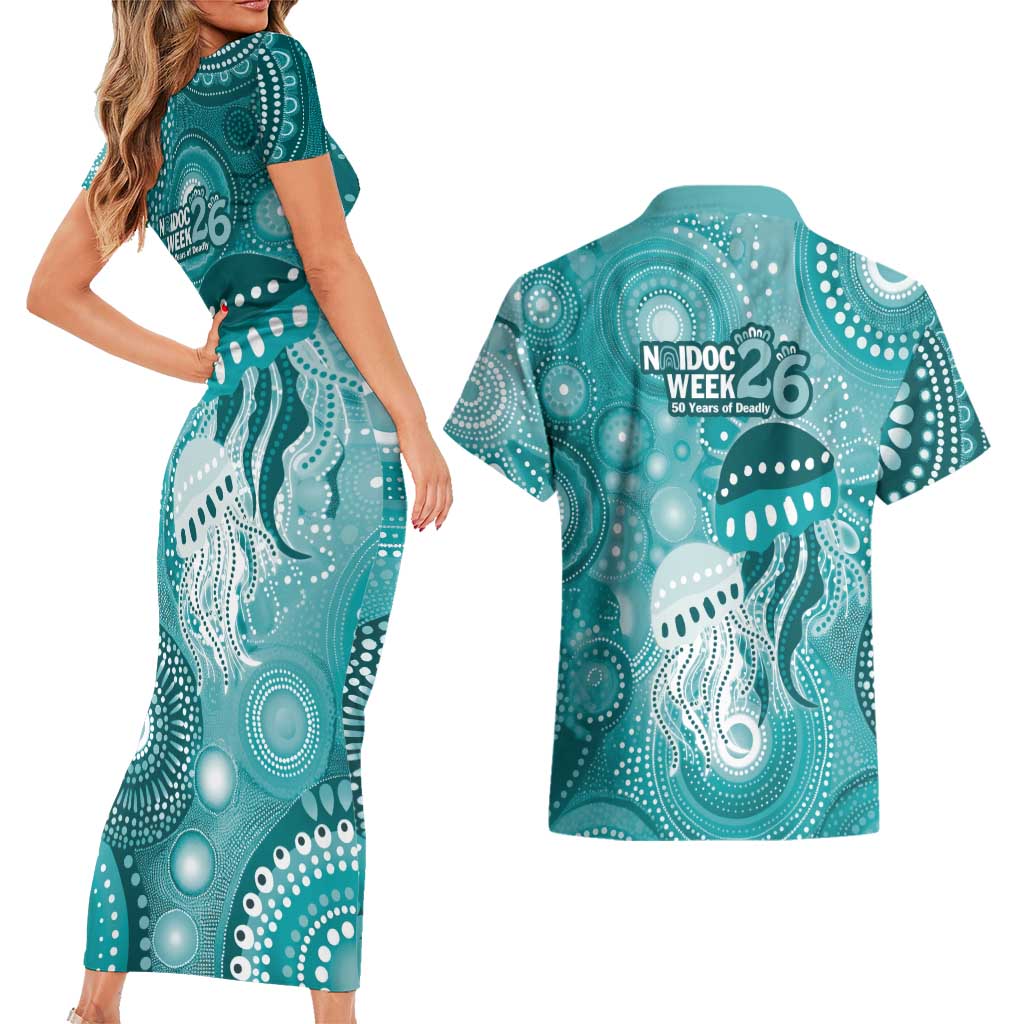 NAIDOC Deadly 50 Years Couples Matching Short Sleeve Bodycon Dress and Hawaiian Shirt Jellyfish Aboriginal Culture Inspired Turquoise