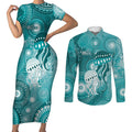 NAIDOC Deadly 50 Years Couples Matching Short Sleeve Bodycon Dress and Long Sleeve Button Shirt Jellyfish Aboriginal Culture Inspired Turquoise