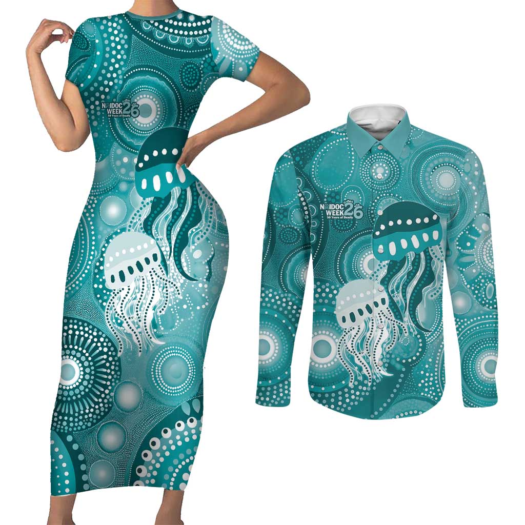 NAIDOC Deadly 50 Years Couples Matching Short Sleeve Bodycon Dress and Long Sleeve Button Shirt Jellyfish Aboriginal Culture Inspired Turquoise