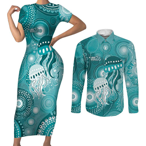 NAIDOC Deadly 50 Years Couples Matching Short Sleeve Bodycon Dress and Long Sleeve Button Shirt Jellyfish Aboriginal Culture Inspired Turquoise