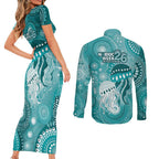 NAIDOC Deadly 50 Years Couples Matching Short Sleeve Bodycon Dress and Long Sleeve Button Shirt Jellyfish Aboriginal Culture Inspired Turquoise