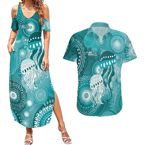 NAIDOC Deadly 50 Years Couples Matching Summer Maxi Dress and Hawaiian Shirt Jellyfish Aboriginal Culture Inspired Turquoise