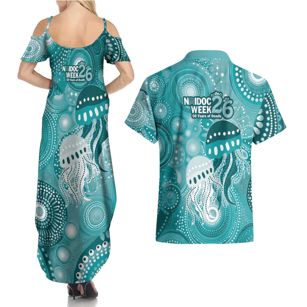 NAIDOC Deadly 50 Years Couples Matching Summer Maxi Dress and Hawaiian Shirt Jellyfish Aboriginal Culture Inspired Turquoise