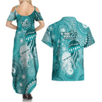 NAIDOC Deadly 50 Years Couples Matching Summer Maxi Dress and Hawaiian Shirt Jellyfish Aboriginal Culture Inspired Turquoise