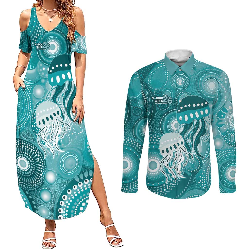 NAIDOC Deadly 50 Years Couples Matching Summer Maxi Dress and Long Sleeve Button Shirt Jellyfish Aboriginal Culture Inspired Turquoise