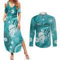 NAIDOC Deadly 50 Years Couples Matching Summer Maxi Dress and Long Sleeve Button Shirt Jellyfish Aboriginal Culture Inspired Turquoise