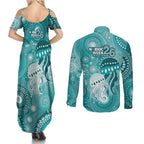 NAIDOC Deadly 50 Years Couples Matching Summer Maxi Dress and Long Sleeve Button Shirt Jellyfish Aboriginal Culture Inspired Turquoise