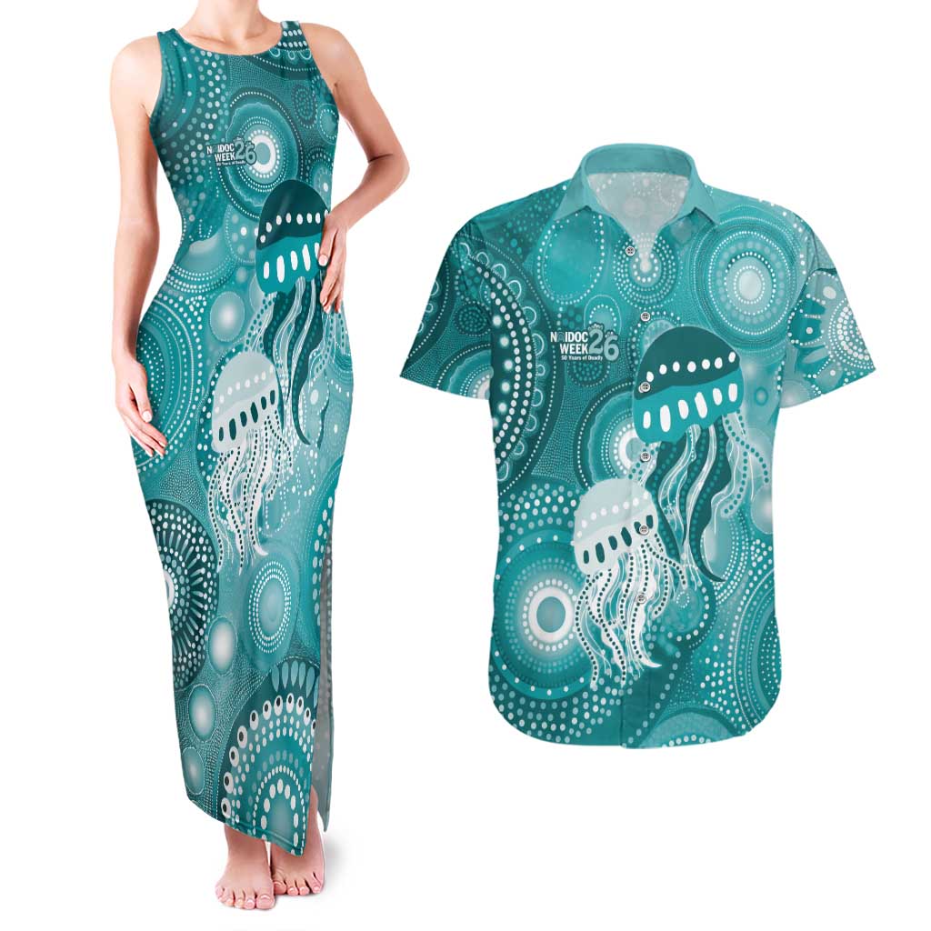 NAIDOC Deadly 50 Years Couples Matching Tank Maxi Dress and Hawaiian Shirt Jellyfish Aboriginal Culture Inspired Turquoise