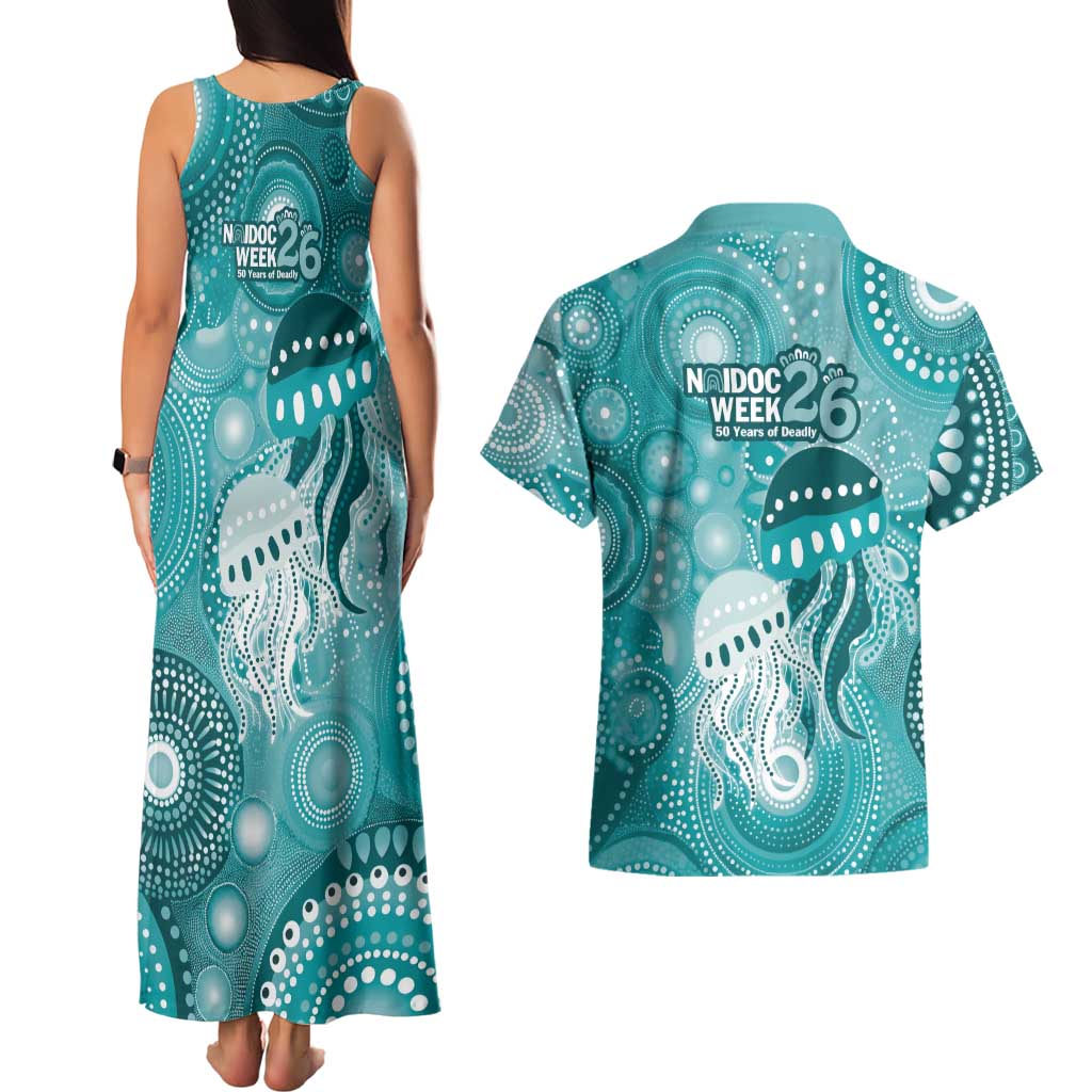 NAIDOC Deadly 50 Years Couples Matching Tank Maxi Dress and Hawaiian Shirt Jellyfish Aboriginal Culture Inspired Turquoise