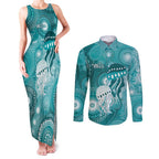 NAIDOC Deadly 50 Years Couples Matching Tank Maxi Dress and Long Sleeve Button Shirt Jellyfish Aboriginal Culture Inspired Turquoise