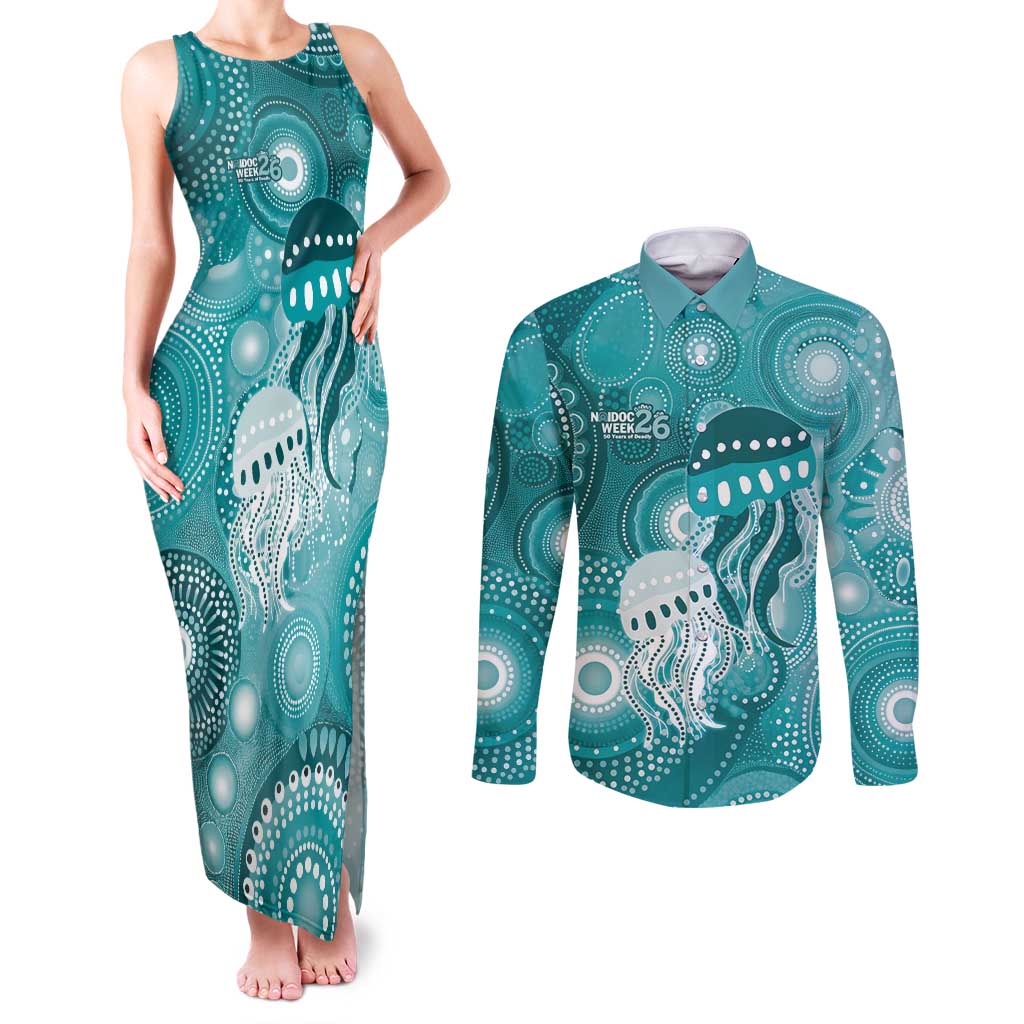 NAIDOC Deadly 50 Years Couples Matching Tank Maxi Dress and Long Sleeve Button Shirt Jellyfish Aboriginal Culture Inspired Turquoise