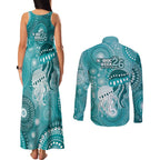 NAIDOC Deadly 50 Years Couples Matching Tank Maxi Dress and Long Sleeve Button Shirt Jellyfish Aboriginal Culture Inspired Turquoise