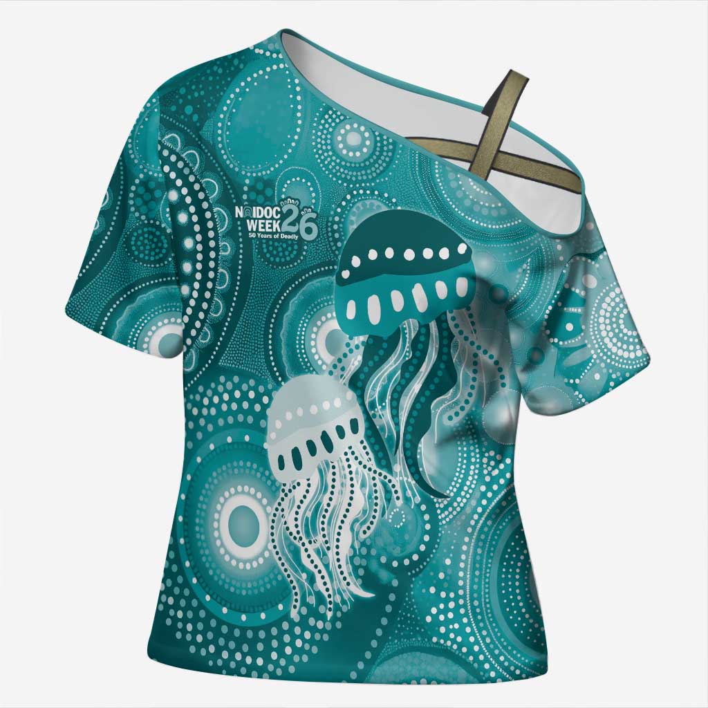 NAIDOC Deadly 50 Years Cross Shoulder Shirt Jellyfish Aboriginal Culture Inspired Turquoise