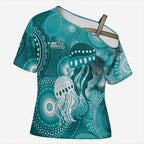 NAIDOC Deadly 50 Years Cross Shoulder Shirt Jellyfish Aboriginal Culture Inspired Turquoise