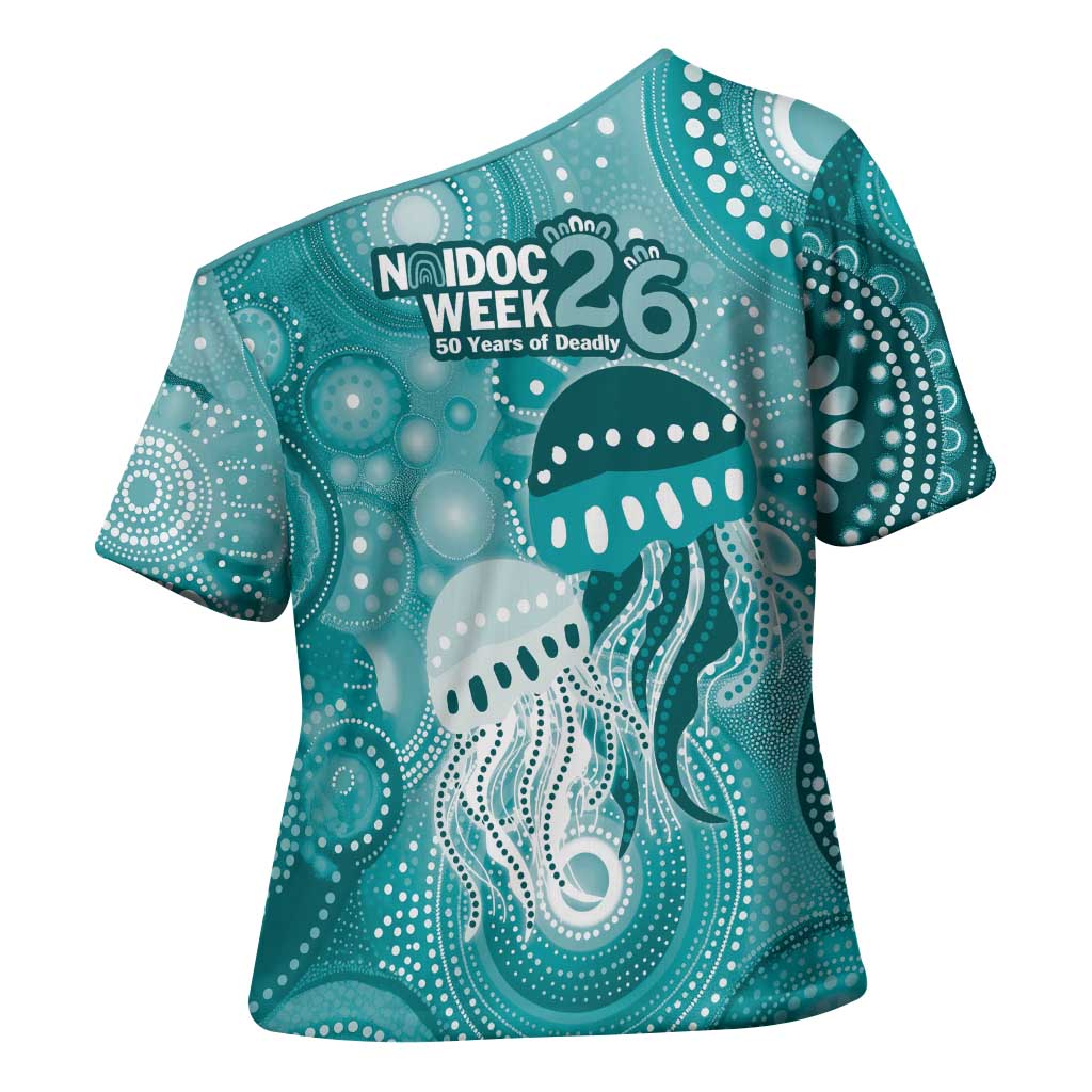 NAIDOC Deadly 50 Years Cross Shoulder Shirt Jellyfish Aboriginal Culture Inspired Turquoise