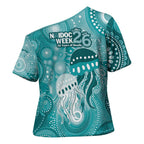 NAIDOC Deadly 50 Years Cross Shoulder Shirt Jellyfish Aboriginal Culture Inspired Turquoise