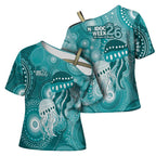 NAIDOC Deadly 50 Years Cross Shoulder Shirt Jellyfish Aboriginal Culture Inspired Turquoise