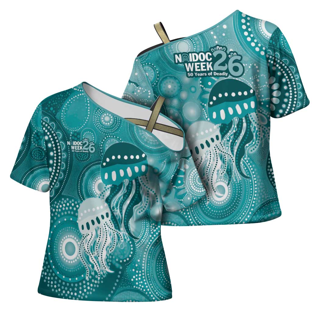 NAIDOC Deadly 50 Years Cross Shoulder Shirt Jellyfish Aboriginal Culture Inspired Turquoise
