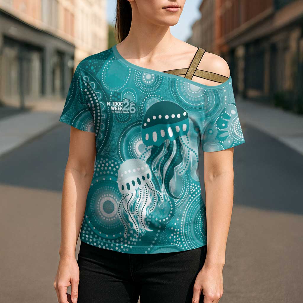 NAIDOC Deadly 50 Years Cross Shoulder Shirt Jellyfish Aboriginal Culture Inspired Turquoise
