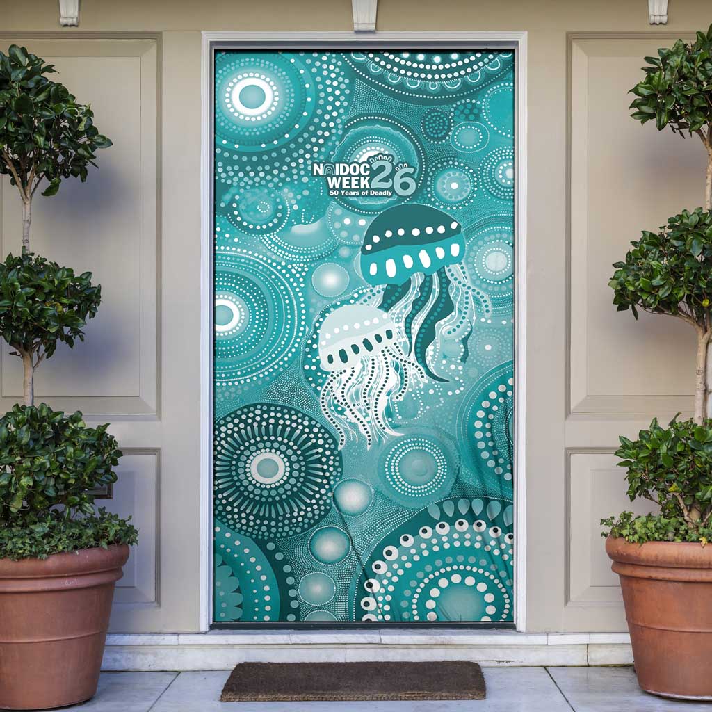 NAIDOC Deadly 50 Years Door Cover Jellyfish Aboriginal Culture Inspired Turquoise