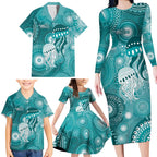 NAIDOC Deadly 50 Years Family Matching Long Sleeve Bodycon Dress and Hawaiian Shirt Jellyfish Aboriginal Culture Inspired Turquoise