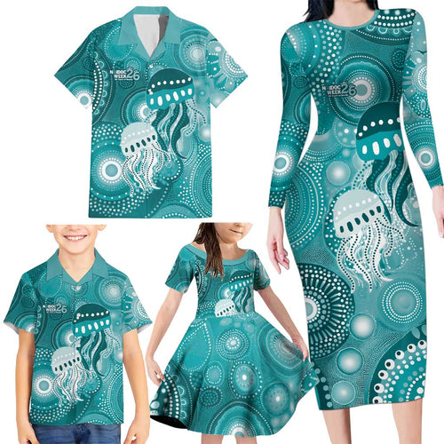 NAIDOC Deadly 50 Years Family Matching Long Sleeve Bodycon Dress and Hawaiian Shirt Jellyfish Aboriginal Culture Inspired Turquoise