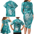 NAIDOC Deadly 50 Years Family Matching Long Sleeve Bodycon Dress and Hawaiian Shirt Jellyfish Aboriginal Culture Inspired Turquoise