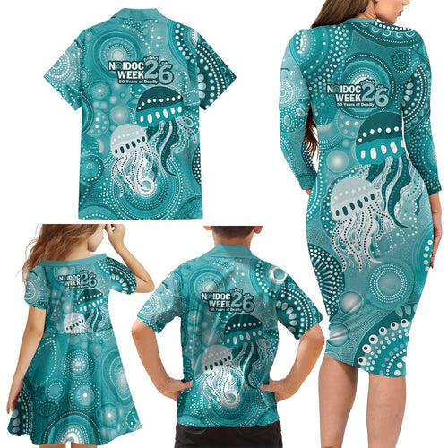 NAIDOC Deadly 50 Years Family Matching Long Sleeve Bodycon Dress and Hawaiian Shirt Jellyfish Aboriginal Culture Inspired Turquoise