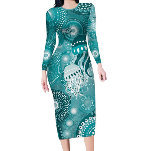 NAIDOC Deadly 50 Years Family Matching Long Sleeve Bodycon Dress and Hawaiian Shirt Jellyfish Aboriginal Culture Inspired Turquoise