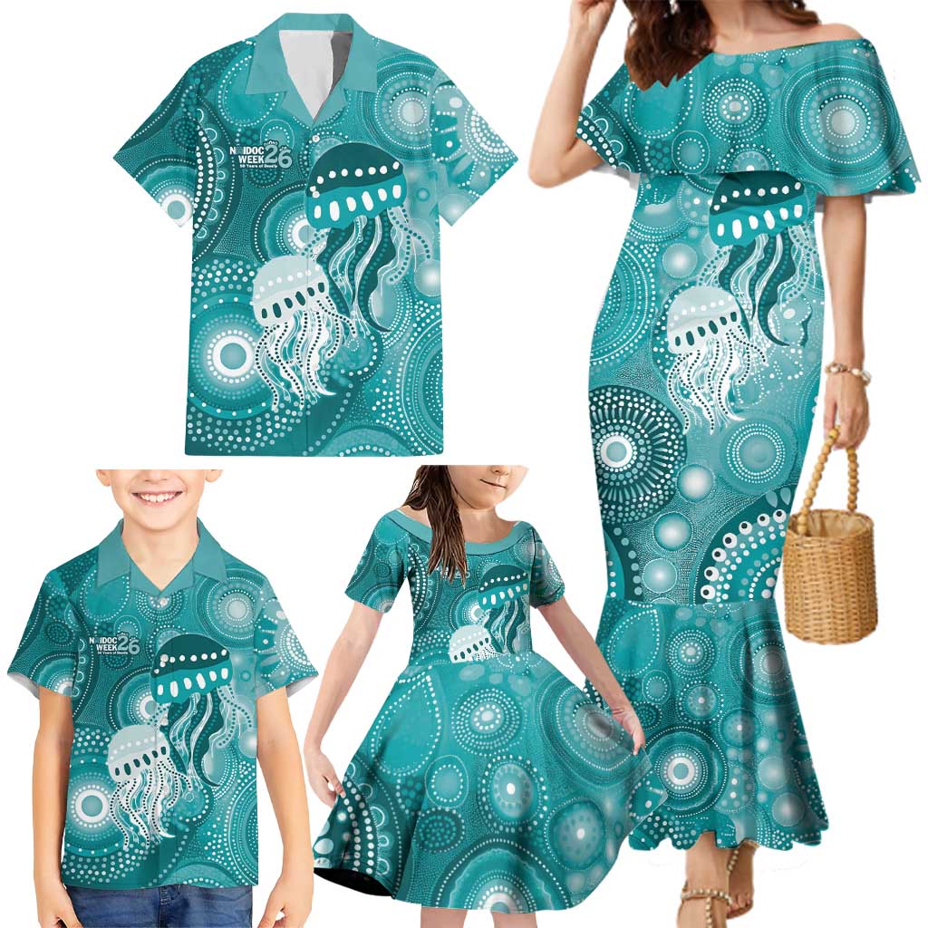 NAIDOC Deadly 50 Years Family Matching Mermaid Dress and Hawaiian Shirt Jellyfish Aboriginal Culture Inspired Turquoise