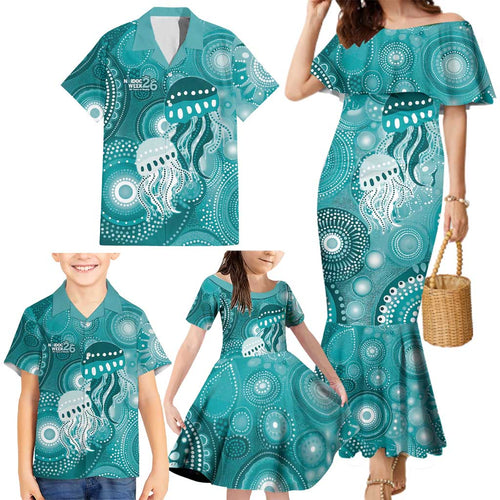 NAIDOC Deadly 50 Years Family Matching Mermaid Dress and Hawaiian Shirt Jellyfish Aboriginal Culture Inspired Turquoise