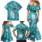 NAIDOC Deadly 50 Years Family Matching Mermaid Dress and Hawaiian Shirt Jellyfish Aboriginal Culture Inspired Turquoise