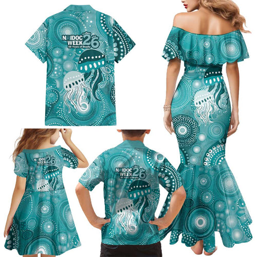 NAIDOC Deadly 50 Years Family Matching Mermaid Dress and Hawaiian Shirt Jellyfish Aboriginal Culture Inspired Turquoise