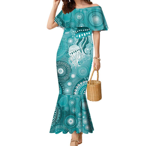 NAIDOC Deadly 50 Years Family Matching Mermaid Dress and Hawaiian Shirt Jellyfish Aboriginal Culture Inspired Turquoise