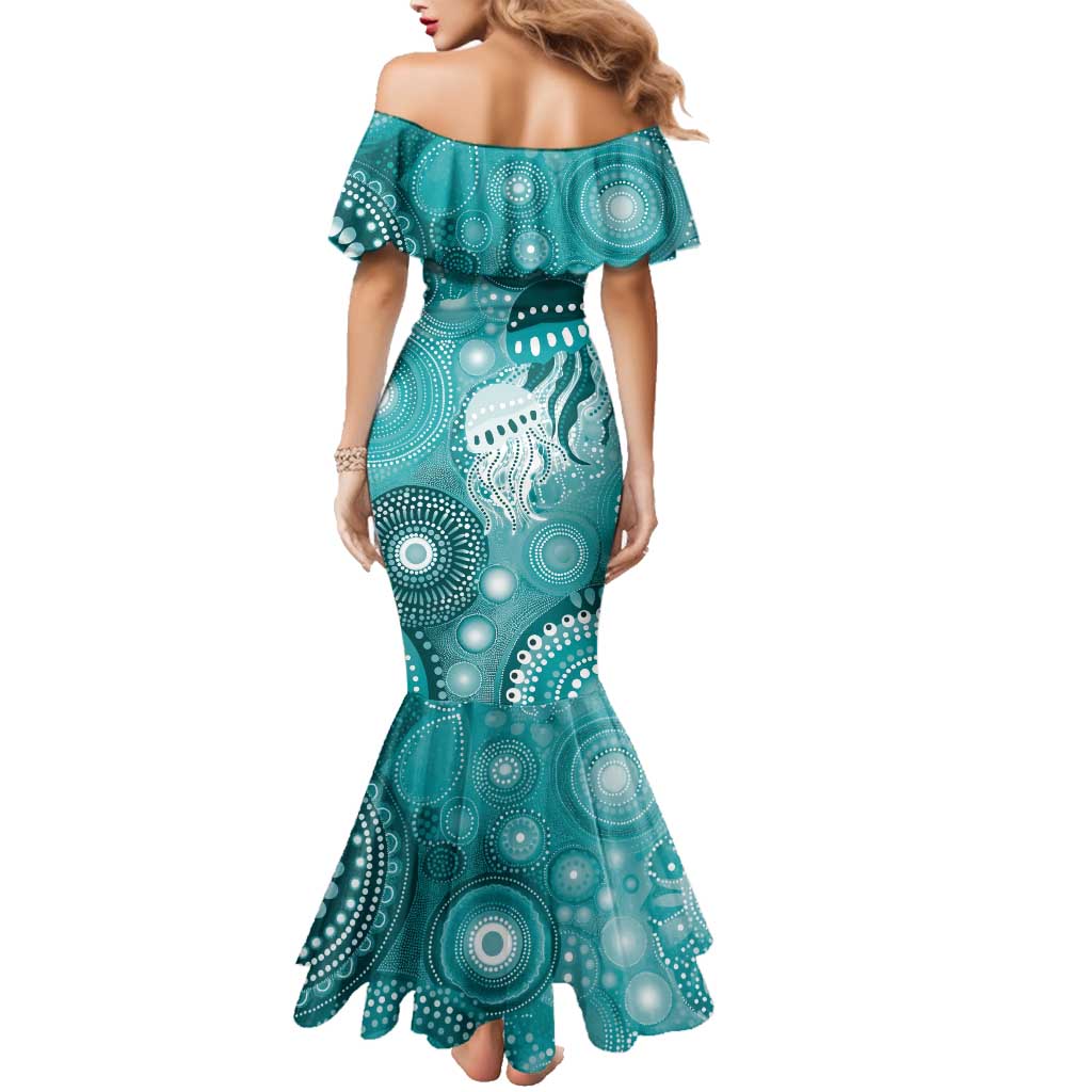 NAIDOC Deadly 50 Years Family Matching Mermaid Dress and Hawaiian Shirt Jellyfish Aboriginal Culture Inspired Turquoise