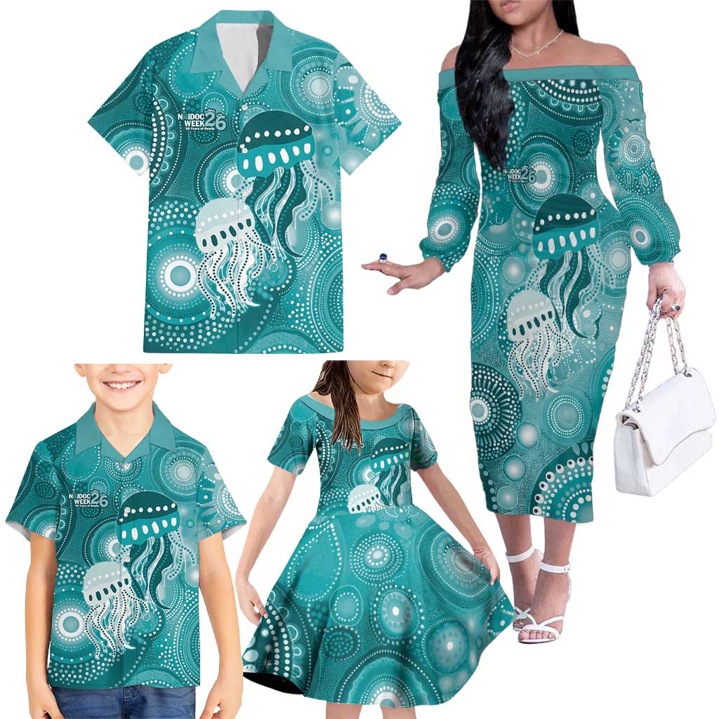 NAIDOC Deadly 50 Years Family Matching Off The Shoulder Long Sleeve Dress and Hawaiian Shirt Jellyfish Aboriginal Culture Inspired Turquoise