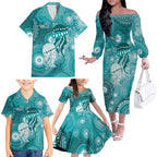 NAIDOC Deadly 50 Years Family Matching Off The Shoulder Long Sleeve Dress and Hawaiian Shirt Jellyfish Aboriginal Culture Inspired Turquoise