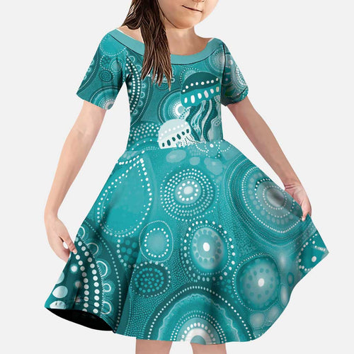NAIDOC Deadly 50 Years Family Matching Off The Shoulder Long Sleeve Dress and Hawaiian Shirt Jellyfish Aboriginal Culture Inspired Turquoise