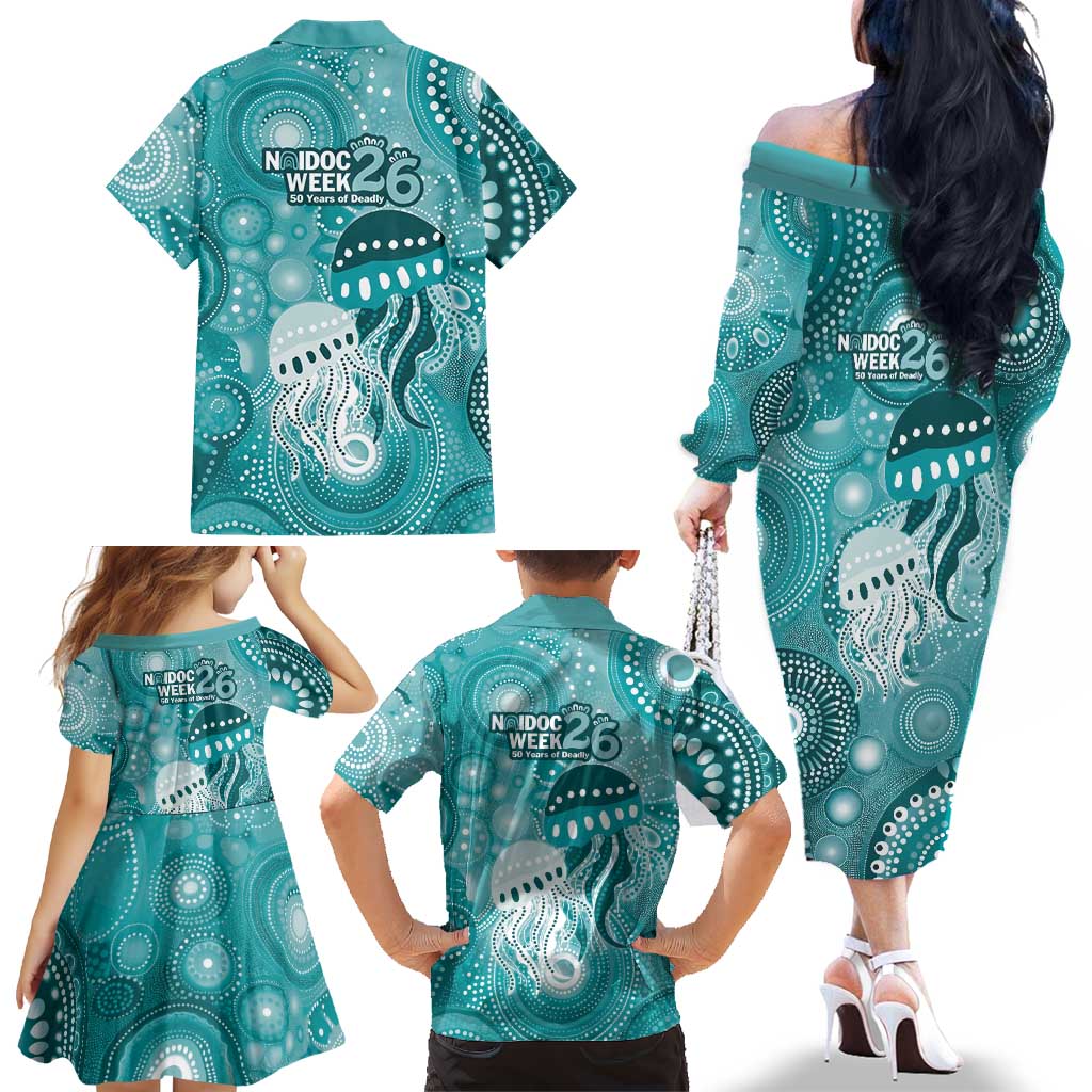 NAIDOC Deadly 50 Years Family Matching Off The Shoulder Long Sleeve Dress and Hawaiian Shirt Jellyfish Aboriginal Culture Inspired Turquoise