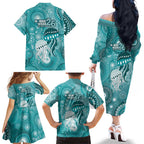 NAIDOC Deadly 50 Years Family Matching Off The Shoulder Long Sleeve Dress and Hawaiian Shirt Jellyfish Aboriginal Culture Inspired Turquoise
