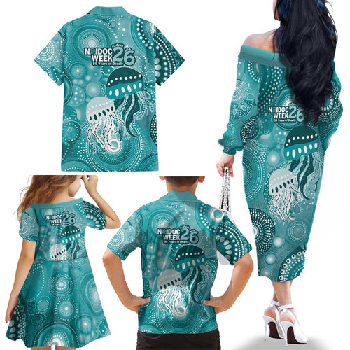 NAIDOC Deadly 50 Years Family Matching Off The Shoulder Long Sleeve Dress and Hawaiian Shirt Jellyfish Aboriginal Culture Inspired Turquoise