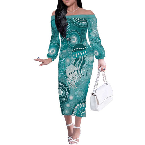NAIDOC Deadly 50 Years Family Matching Off The Shoulder Long Sleeve Dress and Hawaiian Shirt Jellyfish Aboriginal Culture Inspired Turquoise