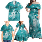 NAIDOC Deadly 50 Years Family Matching Off Shoulder Maxi Dress and Hawaiian Shirt Jellyfish Aboriginal Culture Inspired Turquoise