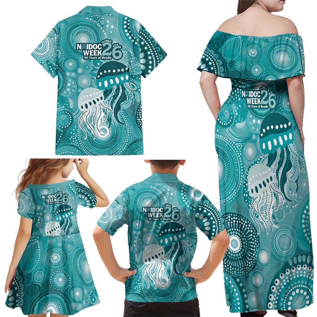 NAIDOC Deadly 50 Years Family Matching Off Shoulder Maxi Dress and Hawaiian Shirt Jellyfish Aboriginal Culture Inspired Turquoise