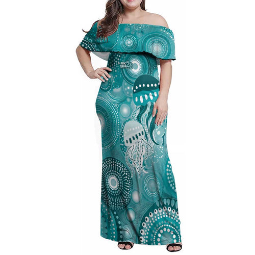 NAIDOC Deadly 50 Years Family Matching Off Shoulder Maxi Dress and Hawaiian Shirt Jellyfish Aboriginal Culture Inspired Turquoise