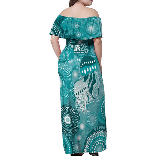 NAIDOC Deadly 50 Years Family Matching Off Shoulder Maxi Dress and Hawaiian Shirt Jellyfish Aboriginal Culture Inspired Turquoise